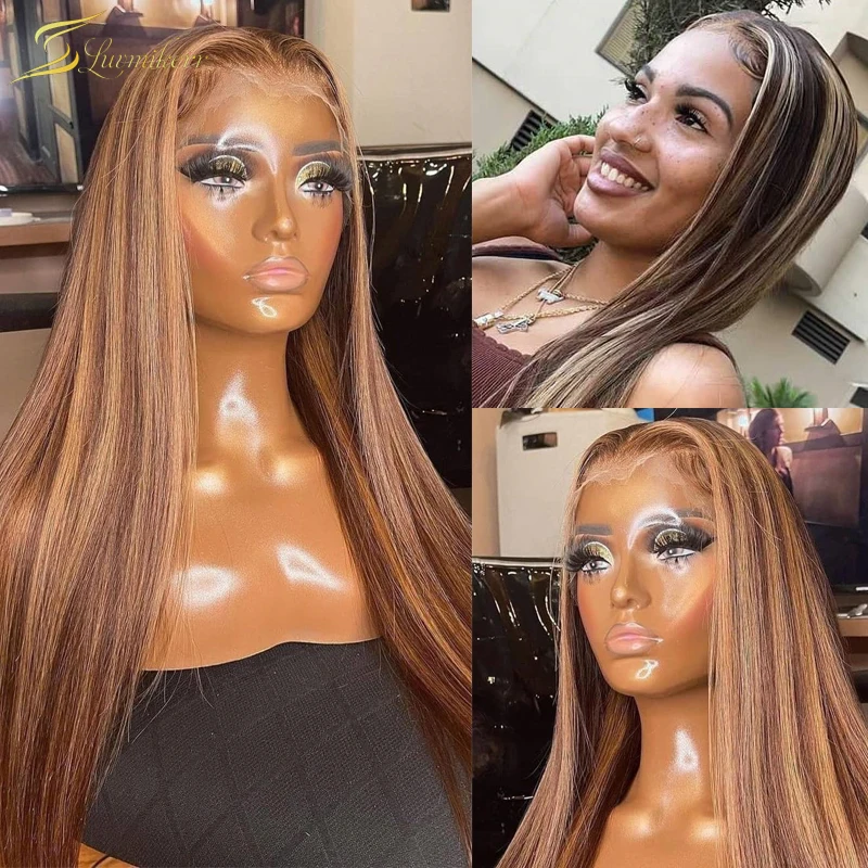 

Blonde Highlight Colored Human Hair 4x4 Closure Wig Ombre Brown 13x4 Straight Lace Front Wig Preplucked HD Lace Frontal Wig