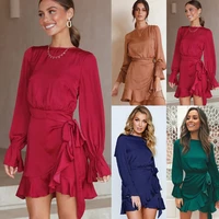 2022 new ruffles wrap casual dress women sexy hollow out dressess solid party robe tunics formal office lady elegant prom dress