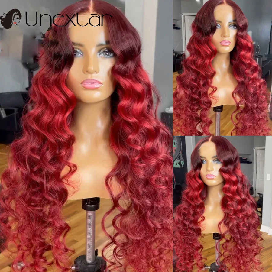 

Brazilian Remy Human Hair 13x4 Lace Front Wigs For Women Ombre Red Color Loose Wave 4x4 Closure Wig