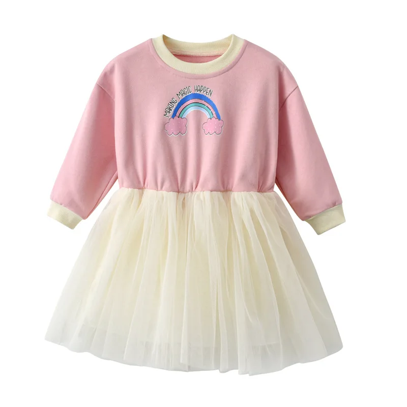 

Little Girl Dress Long Sleeve Dresses Children Casual Clothing Rainbow Tulle Kids Baby Girl Clothes Birthday Party Wear