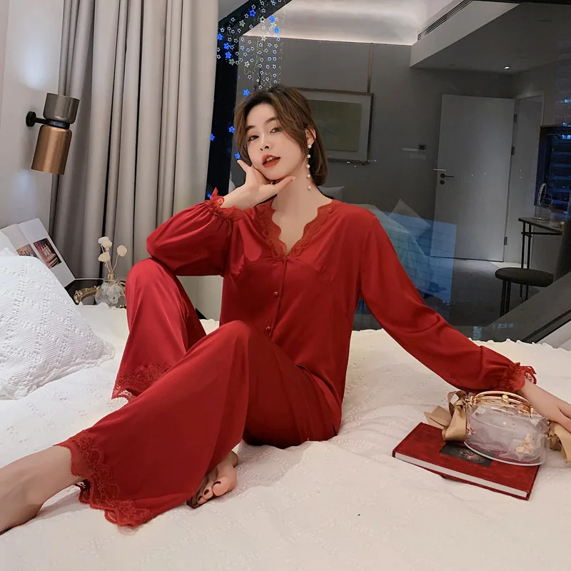 

Sexy Lace Pajamas Women's Brand Fashion Home Wear Spring High Quality Pure color Pajamas Two-piece Ice Silk Long sleeve Pajamas