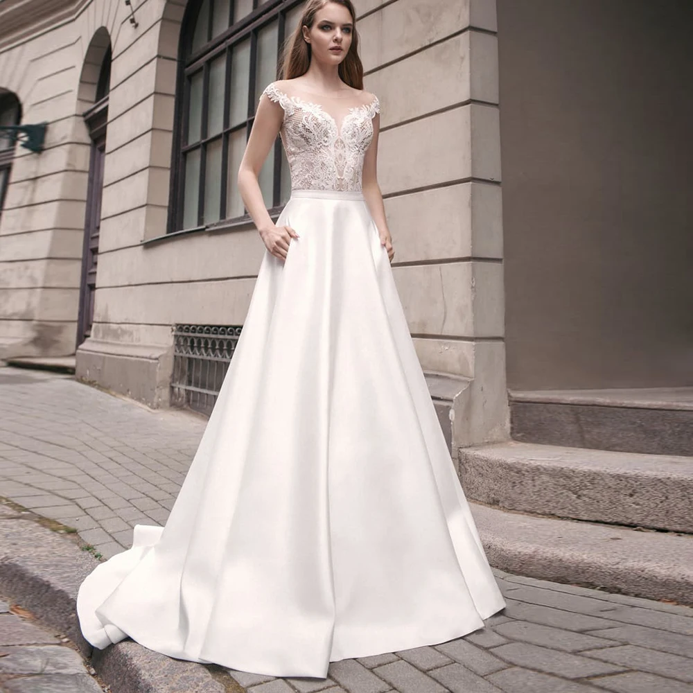 

Vestidos Sexy Wedding Dresses Satin Pleat Appliques Bateau Sleeveless Zipper A-Line Bridal Gowns Novia Do 2021
