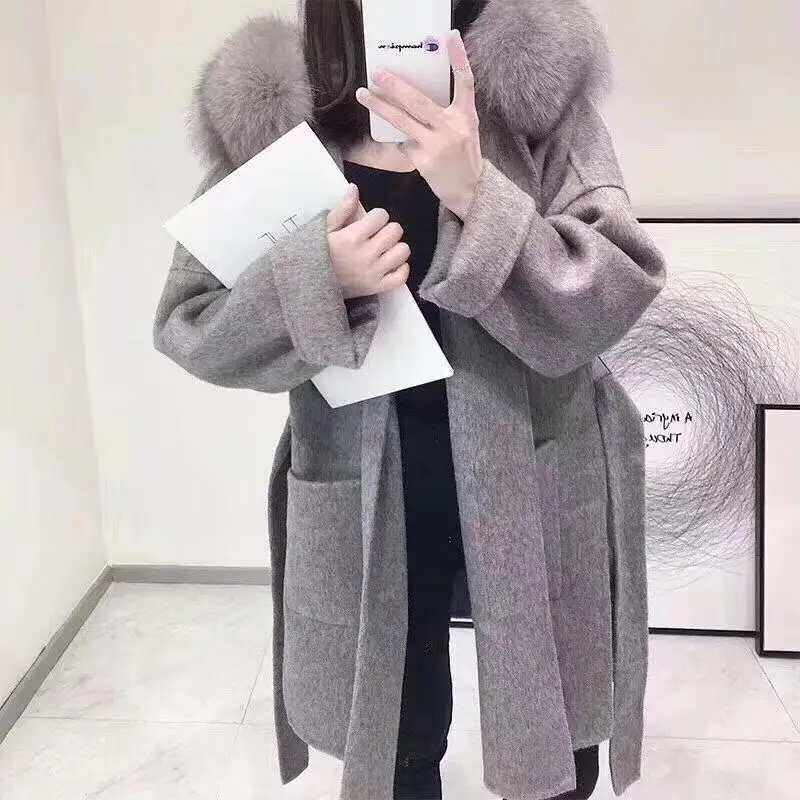 Корейское длинное кашемировое пальто с настоящим бренд Fox Fur Trim Hoodie теплое плотное пальто с большими карманами женская верхняя одежда зимнее пальто