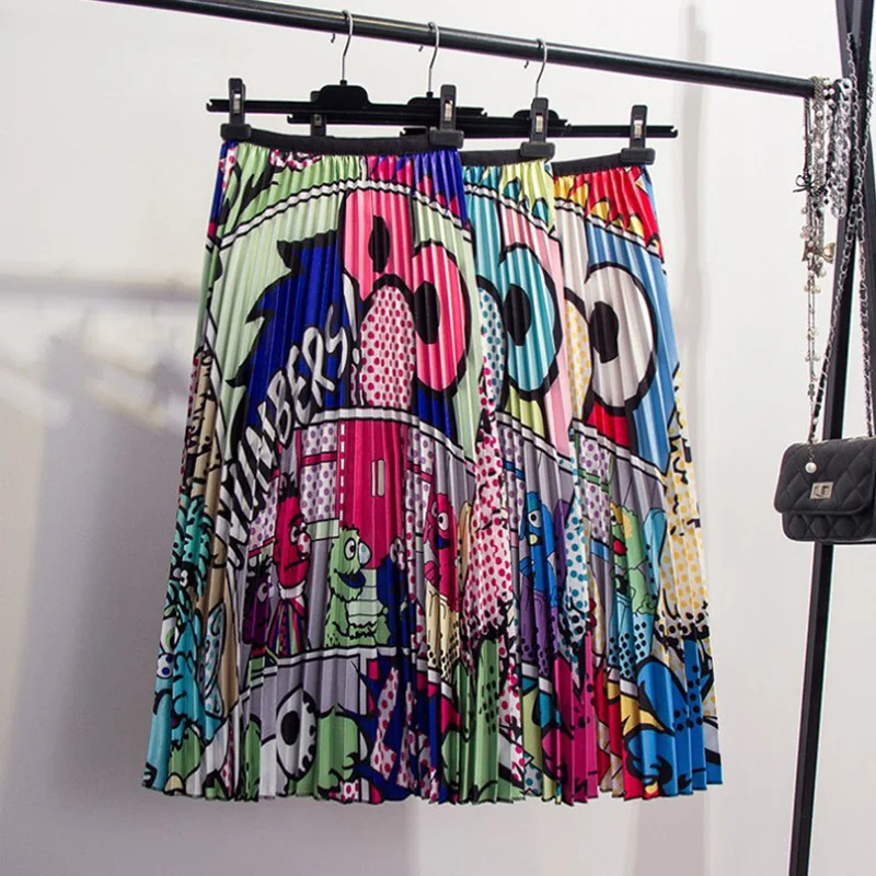 Юбка женская плиссированная Длинная с забавным мультяшным животным рисунком в