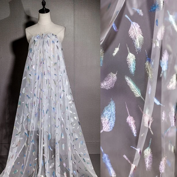 Кружевная ткань с принтом перьев для вечернего/свадебного платья органза