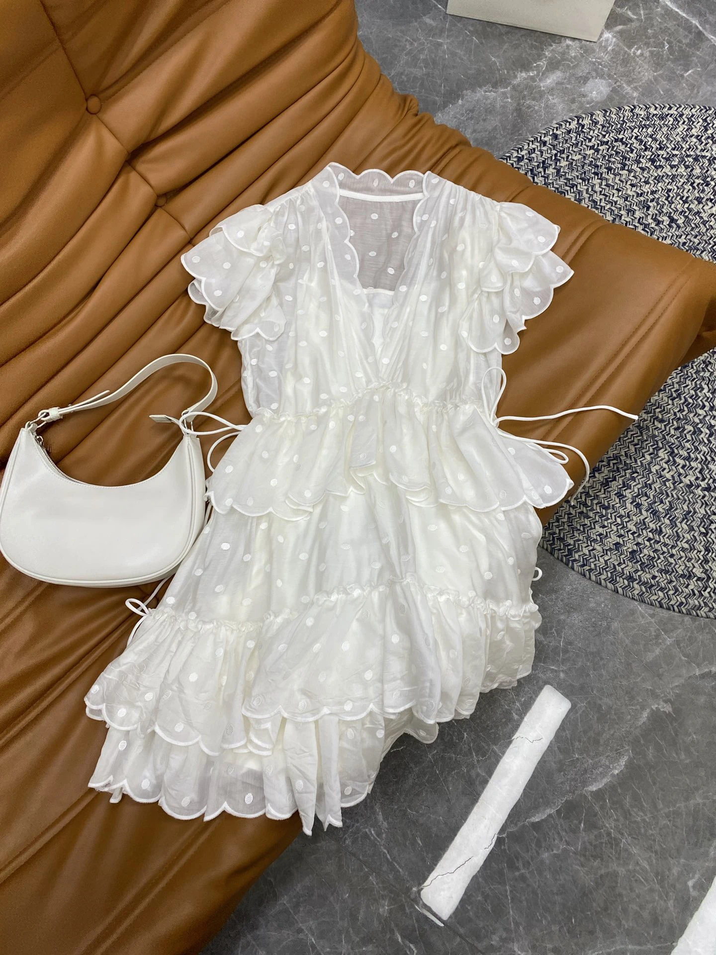 

Silk V-Neck White High Quality Polka Dot Embroidery Sexy Mesh Ruffles Summer Beach Mini Chic Elegant Luxury Runway Women Dress