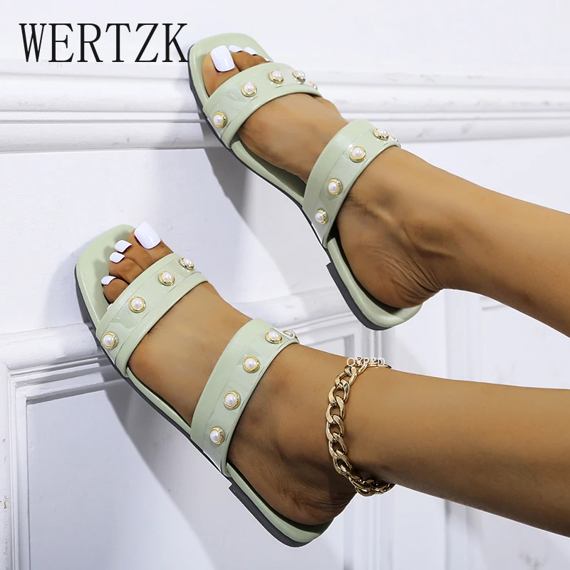 

2021 Fashion Party Dresses shoes Fulgurant Pearl Sandals thin Belt Roman Flat Women Flip Flops Casual Beach Flat Slippers