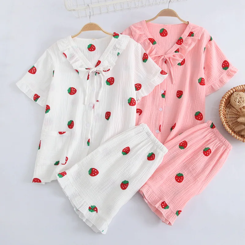 

Short Sleeve Shorts Pajamas Women Home Suit 2021 Cute Strawberry Printed Sleepwear Soft 100% Cotton Summer Homewear 2 Piece Set