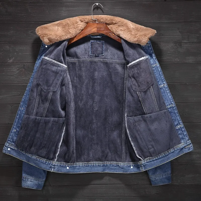 

Winter New Brand Thick Warm Fleece Lining Mens Denim Jackets Long Sleeve Single Breasted Faux Fur Collar Casual Coats Plus Size