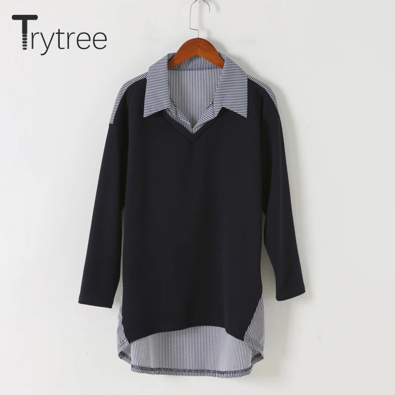 

Trytree 2020 Autumn Winter Women Blouse Casual Turn-down Collar Patchwork Stripe Loose All-Purpose Style Office Lady Blouse Tops