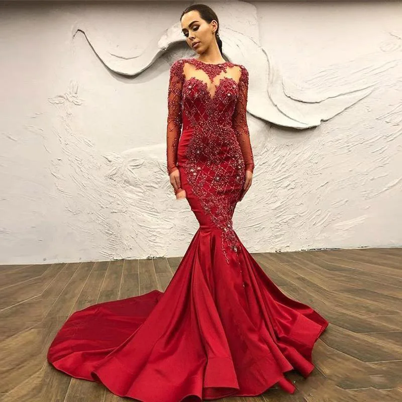 

Burgundy Muslim Evening Dresses Mermaid Long Sleeves Beaded Crystals Dubai Saudi Arabia Long Prom Dress Gown Robe De Soiree