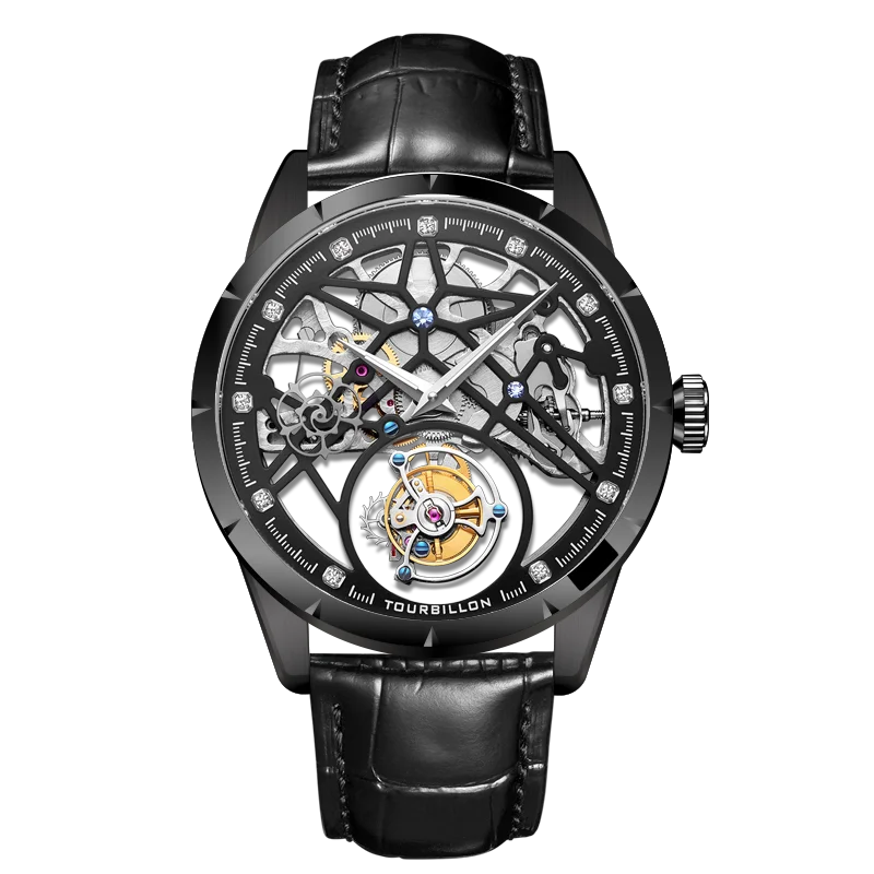 Ретро Уникальные часы Tourbillon автоматические механические полые Бизнес Для мужчин