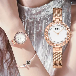 Часы DOM женские кварцевые с сетчатым ремешком, брендовые Роскошные повседневные водонепроницаемые розовые золотистые
