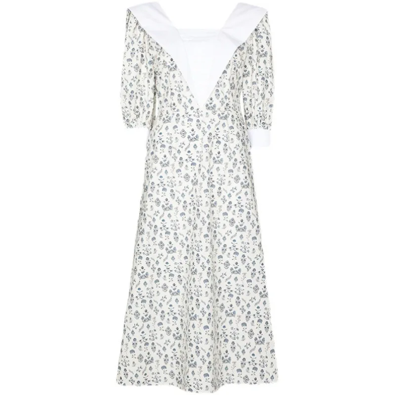 

2021 Spring and Summer New V-neck Floral Retro Puff Sleeve Square Neck Dress