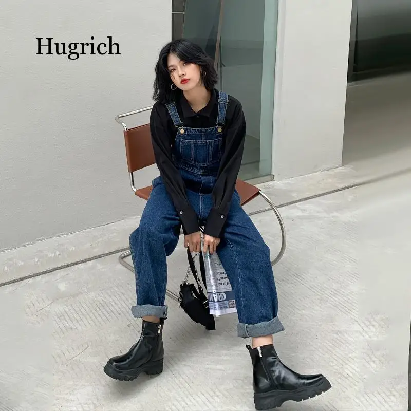 Женский джинсовый комбинезон однотонный синий прямой из денима Классический