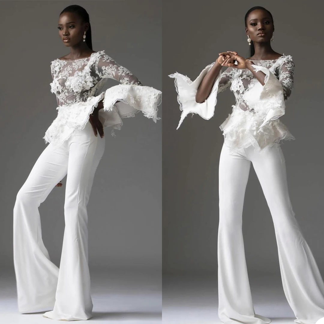 

2 Pcs Bridal Prom Dresses Custom Made Long Sleeve See Thru 3D Flower Appliques Formal Party Dress Women Pant Suits