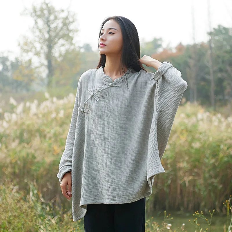 Женские винтажные рубашки Johnature с рукавом летучая мышь блузки из хлопка и льна