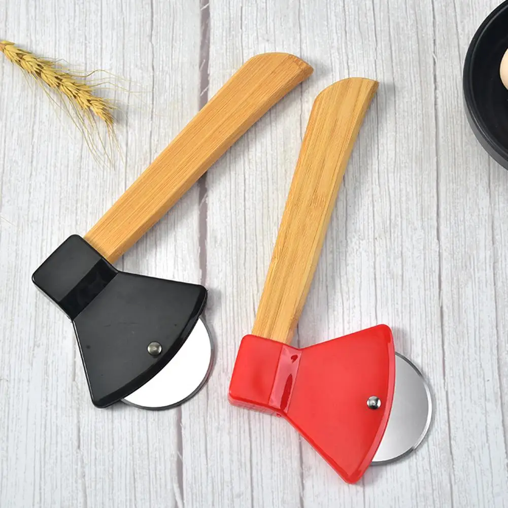 Axe Bamboo Handle Pizza Cutter Rotating Blade Home Kitchen Cutting Tool