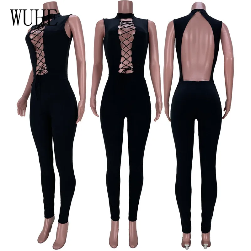 

WUHE Bandage Cross Lace Up Jumpsuits Sleeveless Off Shoulder O Neck Package Hip Backless Nightclub Casual Sexy Streetwear Party