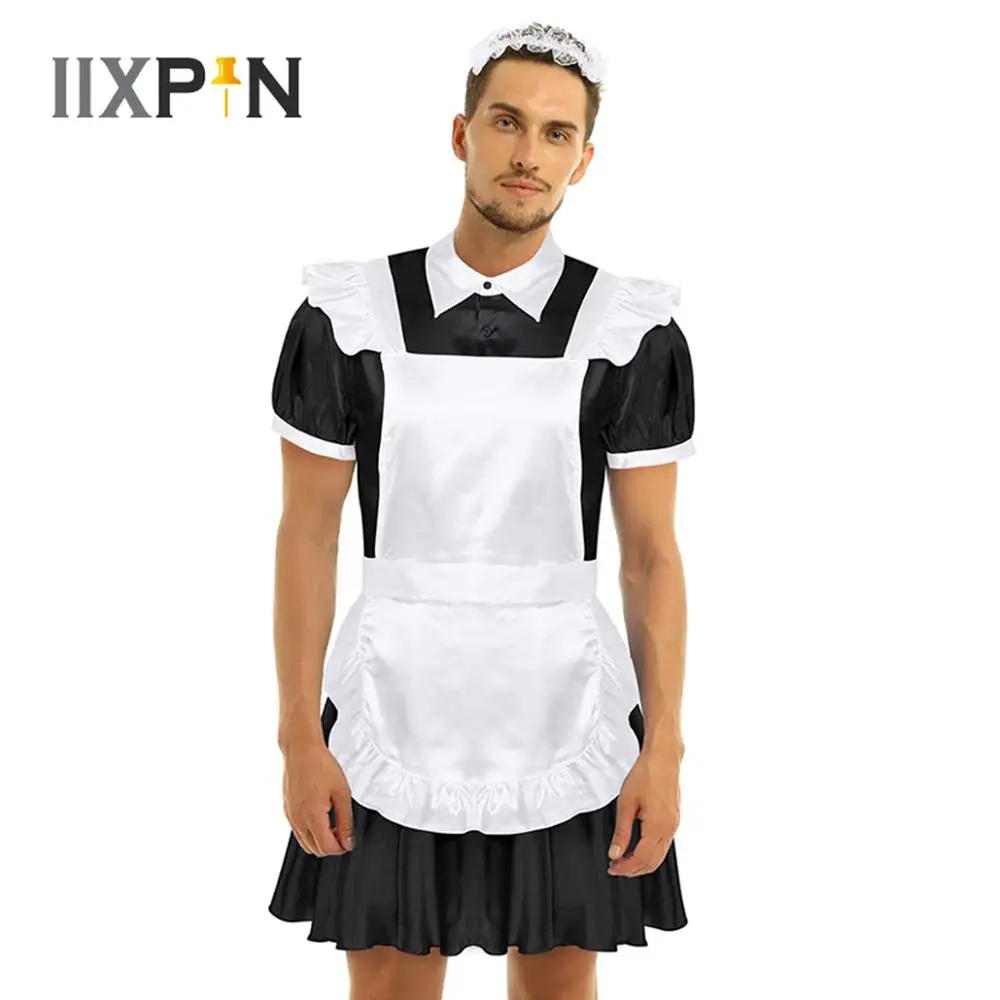 Men Sissy Maid Cosplay Costume Outfit Crossdressing Maid Dress With Apron Headband Sexy Maid Uniform Carnival Roleplay Costume