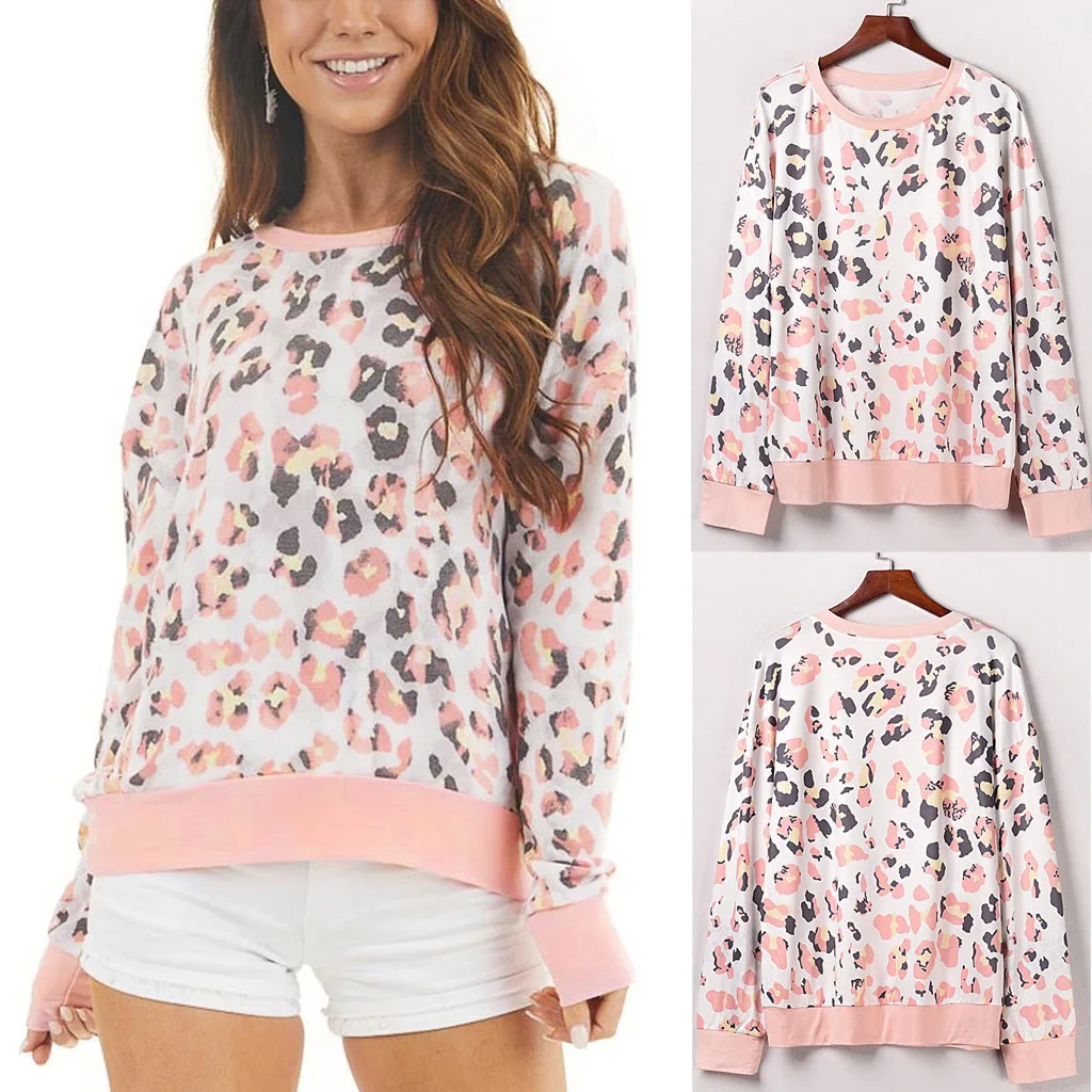 

Sweatshirt Women Lepoard Print O-neck Sweatshirts Tops Cotton Long Sleeve Tops Ladies Fashion Casual Pulover Толстовка#ljc