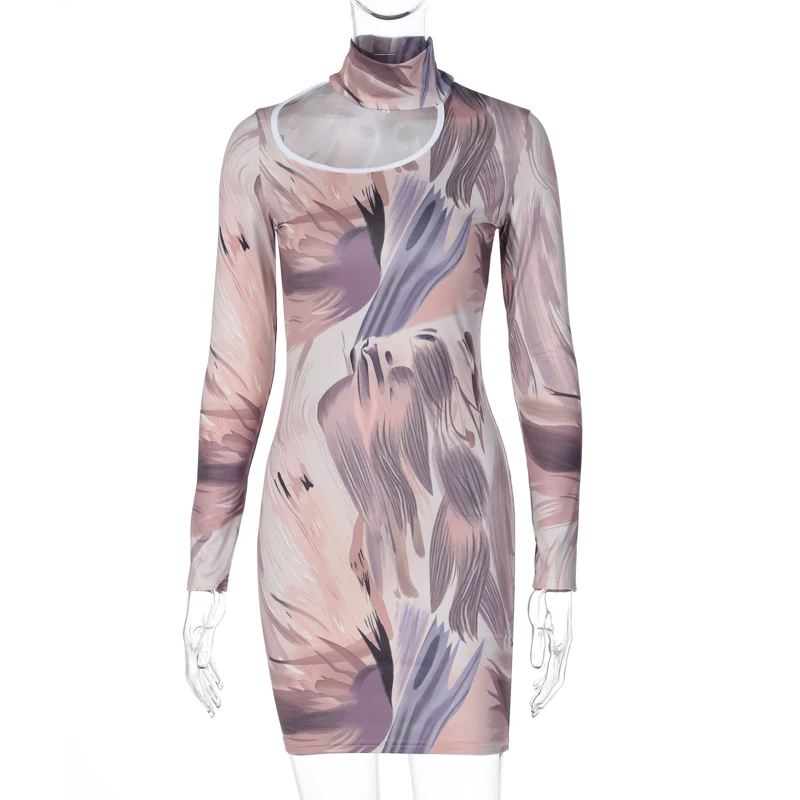 

Cutubly Long Sleeve Mini Dress Tie Dye Sexy Club Dress Women Turtleneck Winter Female Hollow Out Bodycon Party Dresses for Women