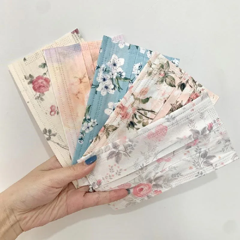 

10/50PCS Disposable Adult Virus Face Mask Flower Printed 3-layer Filters Anti-Dust Protective Christmas Mouth Mask Mascarillas