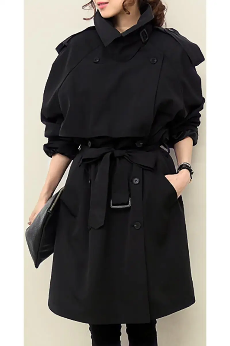 

Fashionable spring and autumn new black women's middle long casual versatile coat windbreaker