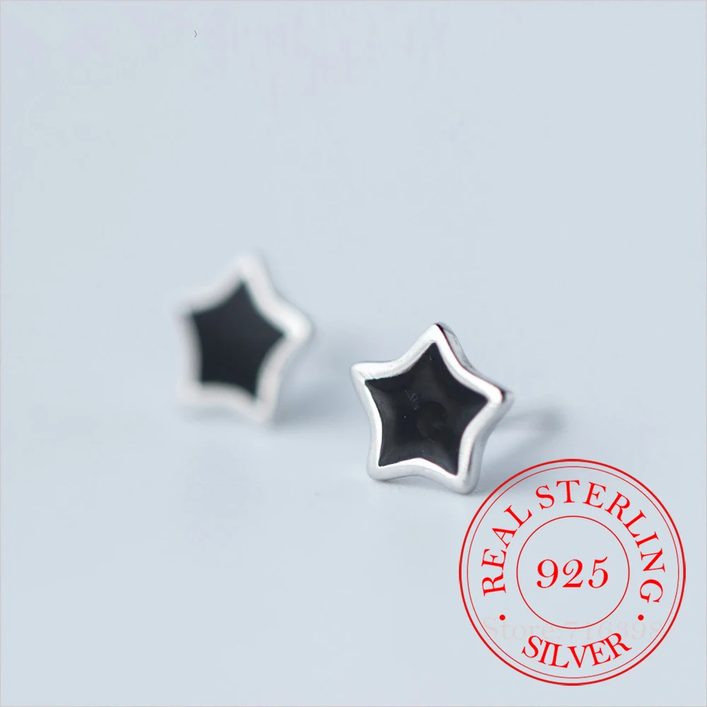 

100% 925 Sterling Silver Black Star Stud Earrings for Women Girl Fashion Jewelry Party Accessories pendientes Brincos
