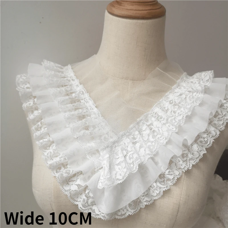 

10CM Wide Three Layers White Pleated Chiffon Lace Fabric Embroidery Fringe Ribbon Ruffle Trim Wedding Dress Guipure Sewing Decor