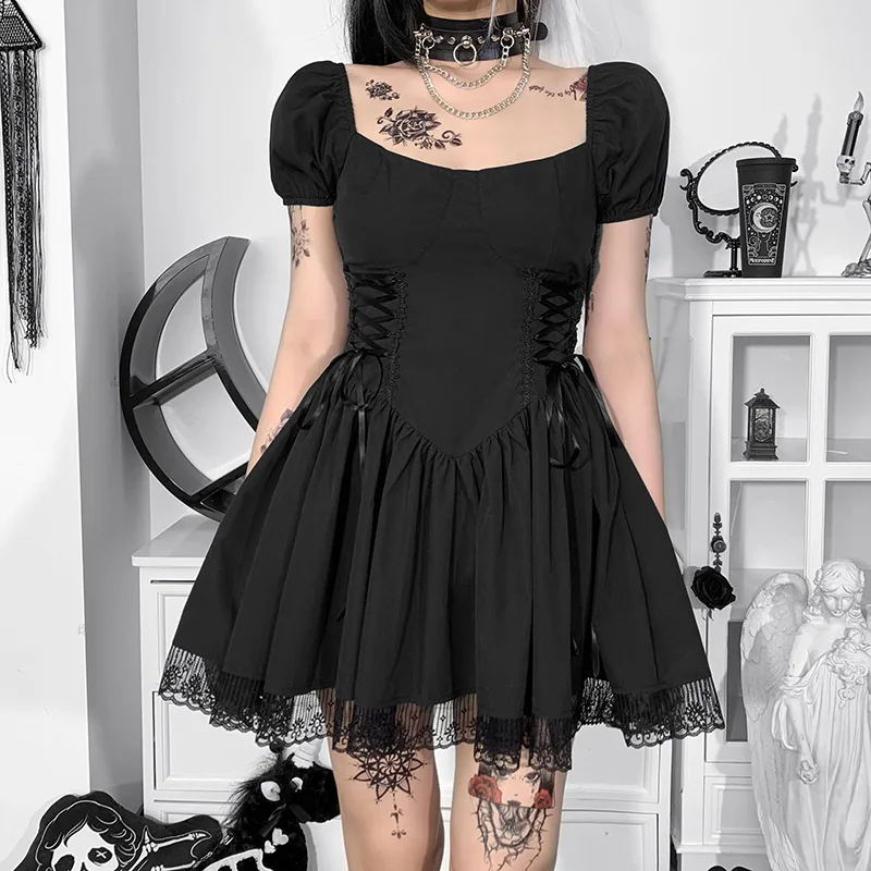 

Черное мини-платье в стиле преппи в готическом стиле y2k, винтажный корсет на шнуровке с высокой талией и пышными рукавами, ТРАПЕЦИЕВИДНОЕ ПЛАТЬЕ, сказочное платье в стиле гранж, E-girl, панк