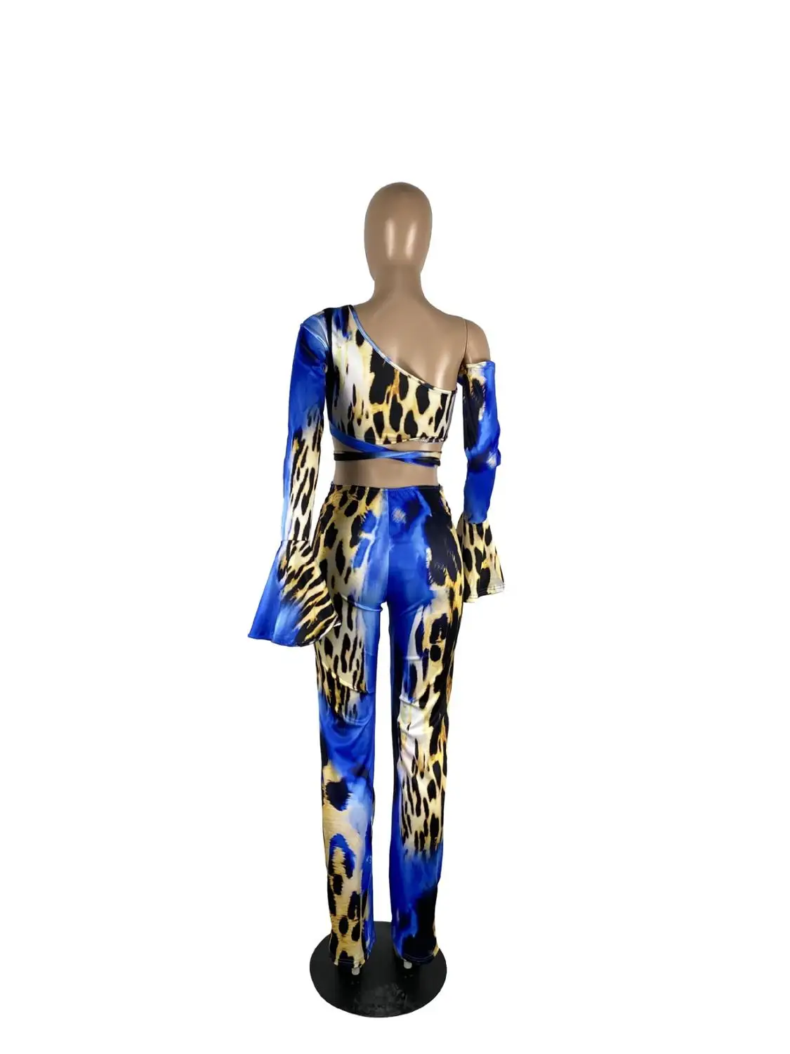 

Europe's New Sexy Leopard Print party women's suit fashionable slim fit one shoulder long sleeve shirt and trousers