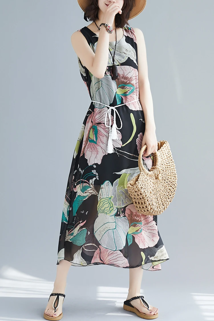 

COIGARSAM Floral Women Long dress New Sleeveless Loose Dresses 2743