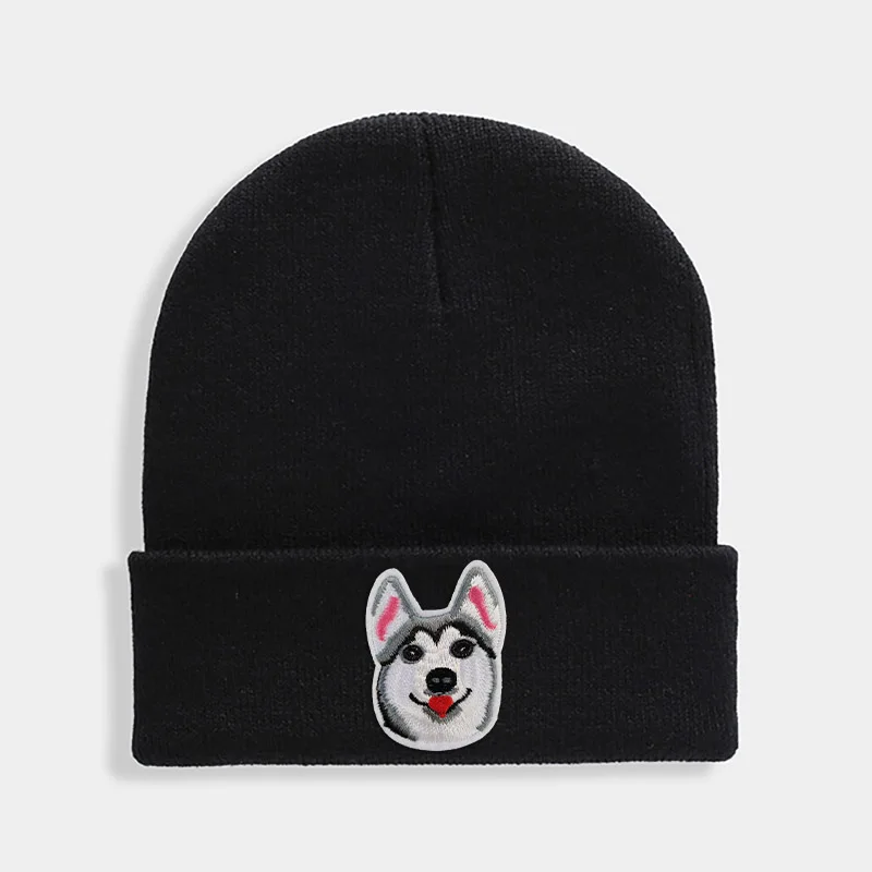 Huskies Hats Fashion Patches Sweet Beanie For Unisex Winter Brimless Stretchy Bonnet Solid Color Outdoor Cap Knitted Beanie