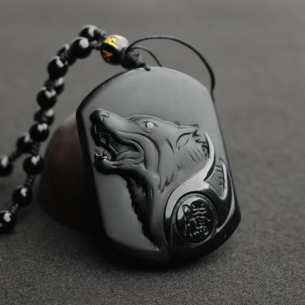 

LeeSell Natural Black Obsidian Carving Wolf Head Amulet Pendant Free Necklace Obsidian Blessing Lucky Pendants Fashion Jewelry