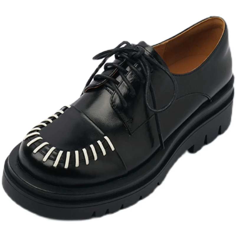 

Spring and Autumn New Thick-soled Square Toe Small Leather Shoes Women Retro British Style Lace-up Platform Single Shoes Women