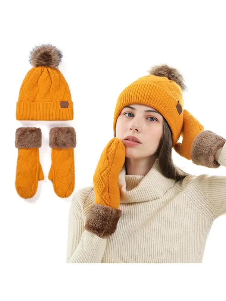 

2 шт. Для женщин зимнее пальто с искусственным с флисовой подкладкой теплый вязаный вязаная шапка с помпоном и перчатки, Y1AC
