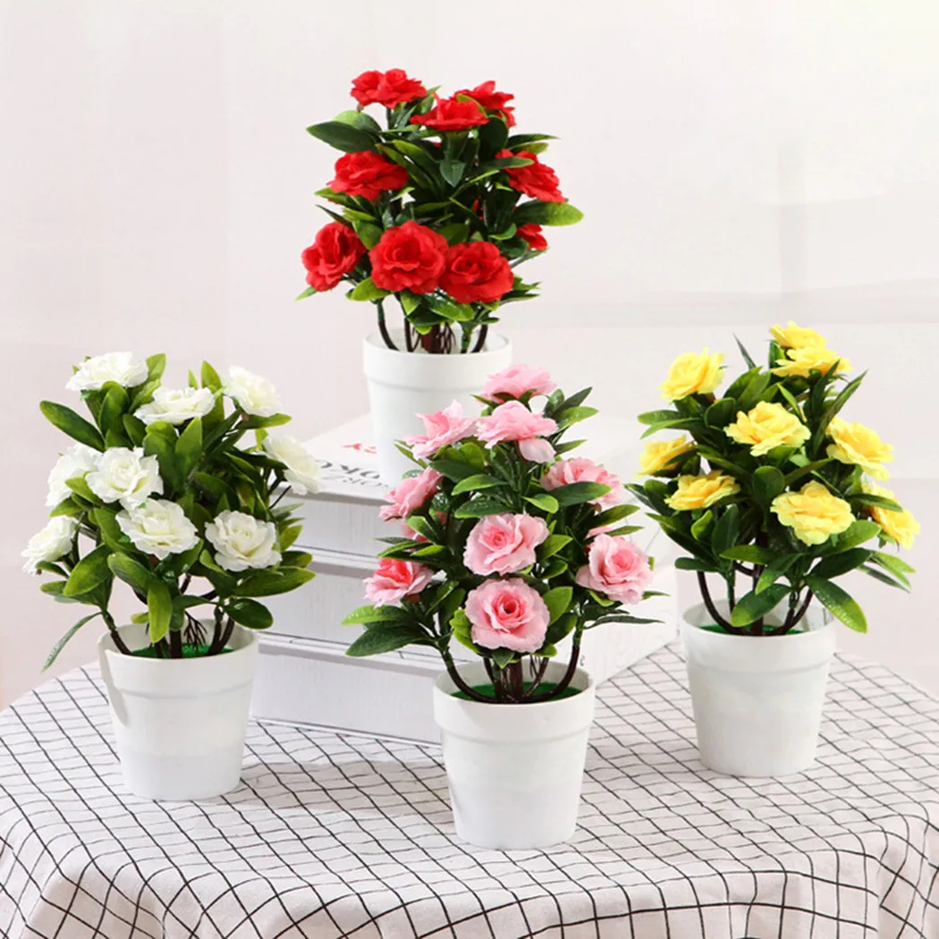 

Potted Artificial Rose Fake Flowers Plants Yellow Pink Red White Flower Bonsai Garden Office Home Table Decor Wedding 18x25 CM