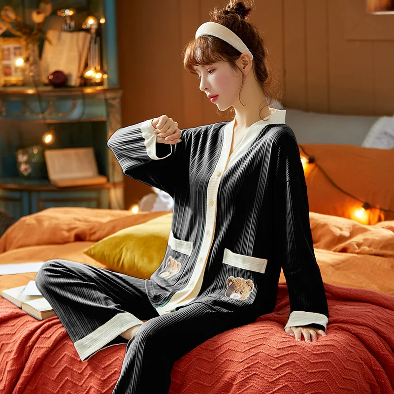 Spring / Autumn Women's pajamas 2021 New cotton long-sleeved trousers ladies pajamas suit simple  home service cardigan kimono