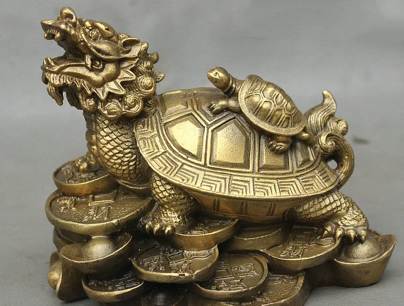 

Chinese Fengshui Brass Wealth Money Coin Longevity Dragon Tortoise Turtle Statue