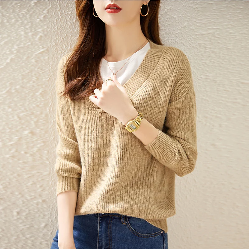 

Женский трикотажный свитер с V-образным вырезом и длинным рукавом «летучая мышь»