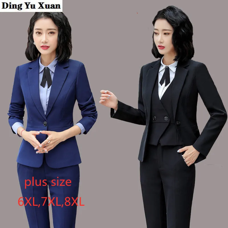 Женский деловой костюм из блейзера и брюк синего черного цвета модный офисный