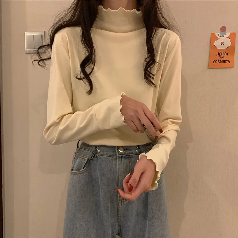 Womens T Shirt Spring New Long Sleeve Solid Basic Simple Edible Tree Fungus Tops Turtleneck Loose Thin Casual Tee T-Shirt Female