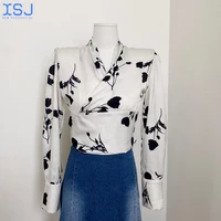 fallwinter new style long sleeved white slim fit stand up collar ladies temperament suspender printed shirt