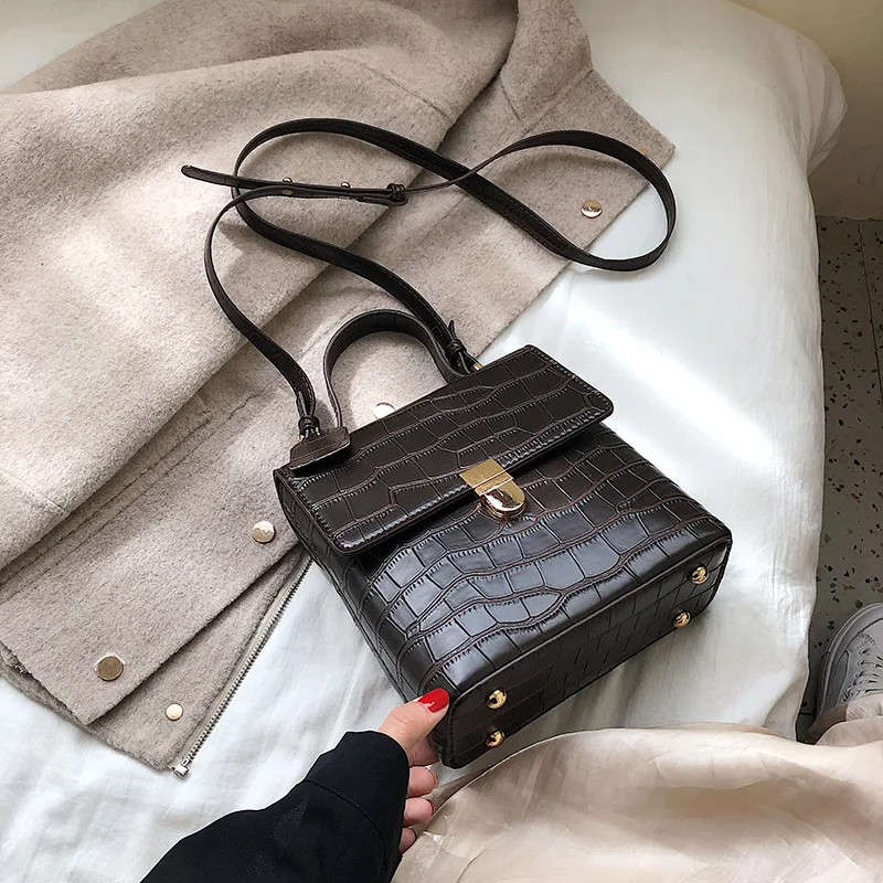 Coffee color Vintage Fashion Stone pattern Tote bag New High Quality PU Leather Women's Designer Handbag Lock Shoulder Messenger Bag - Цвет: Coffee color