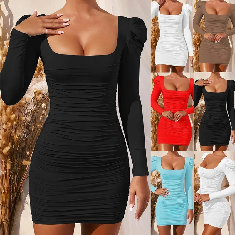 

Women Square Collar Long Sleeve Solid Color Party Dresses Slim Fit Dress Casual Bodycon Dress Ladies Sexy Mini Package Hip Dress