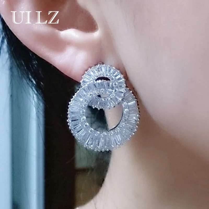 Женские серьги пусеты UILZ большие с белым кубическим цирконием украшения для