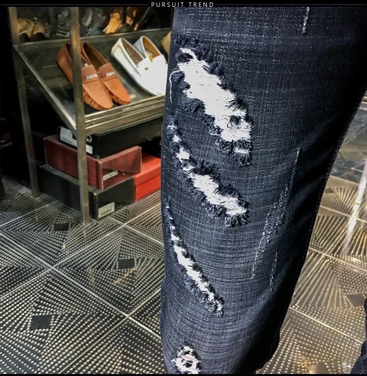 NEW spring autumn skinny strech Casual ripped hole fashion black teenagers hip hop cowboy denim leg jeans men pencil pants