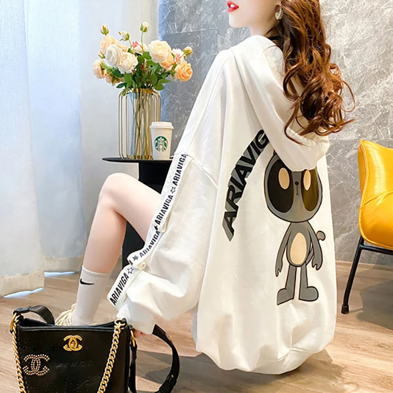 

Alien Cartoon Hoodies Women England Street Pullover Autumn Oversized Long Sweatshirt Bandage Tassel Hoodie Girl Harajuku Clothes
