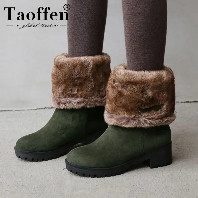 Taoffen/женские зимние ботинки; Теплые ботильоны на не сужающемся книзу массивном каблуке с Плюшевым Мехом; Повседневная Уличная обувь на платформе с круглым носком; размеры 34-43
